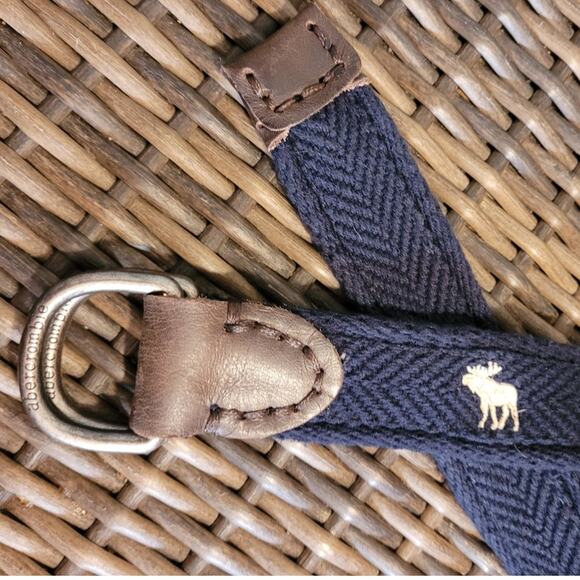 Abercrombie Fitch Woven Belt Blue Brown Leather D Ring Logo Moose Preppy 35.5 - Picture 3 of 7